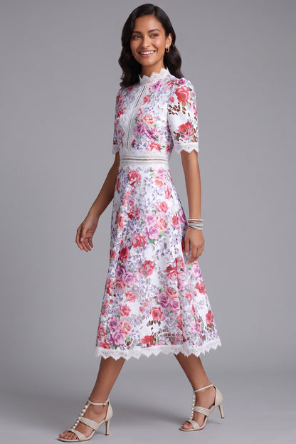 White Guipure Lace Floral Midi Dress white guipure lace dress - product view 3