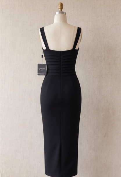 Black Sheath Midi Dress with Pearl and Crystal Fringe