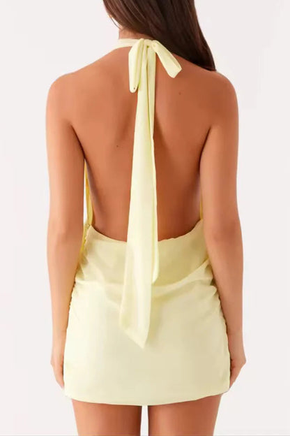 pale yellow Beach Halter Neck Mini Dress