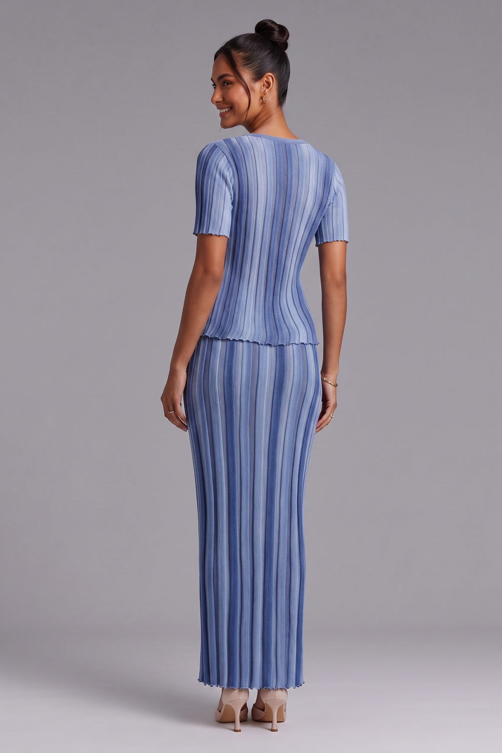 Light Blue Ribbed Knit Two-Piece Set with Gradient Stripes light blue, medium blue, denim blue ribbed knit two-piece set - product view 5