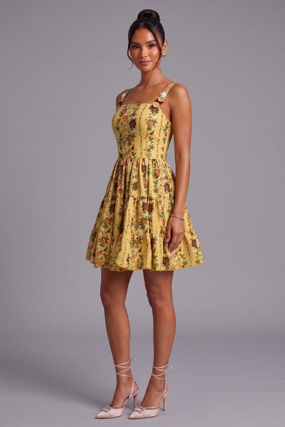 Yellow Floral A-Line Fit-and-Flare Mini Dress yellow structured cotton woven dress - product view 3