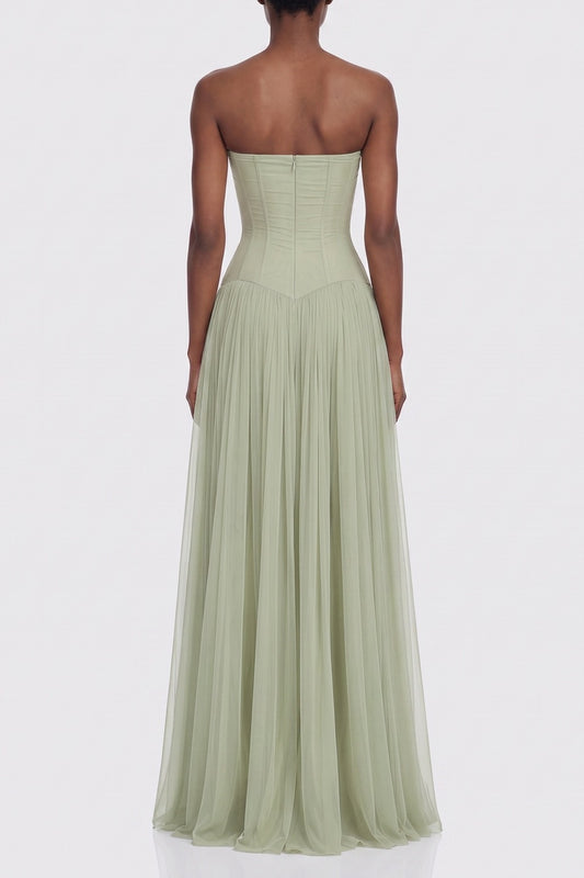 Strapless Corset Pleated Chiffon Maxi Gown
