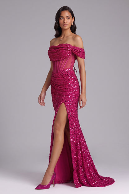 Hot Pink Sequin Off-the-Shoulder Mermaid Gown Premium Fabric - product view 5