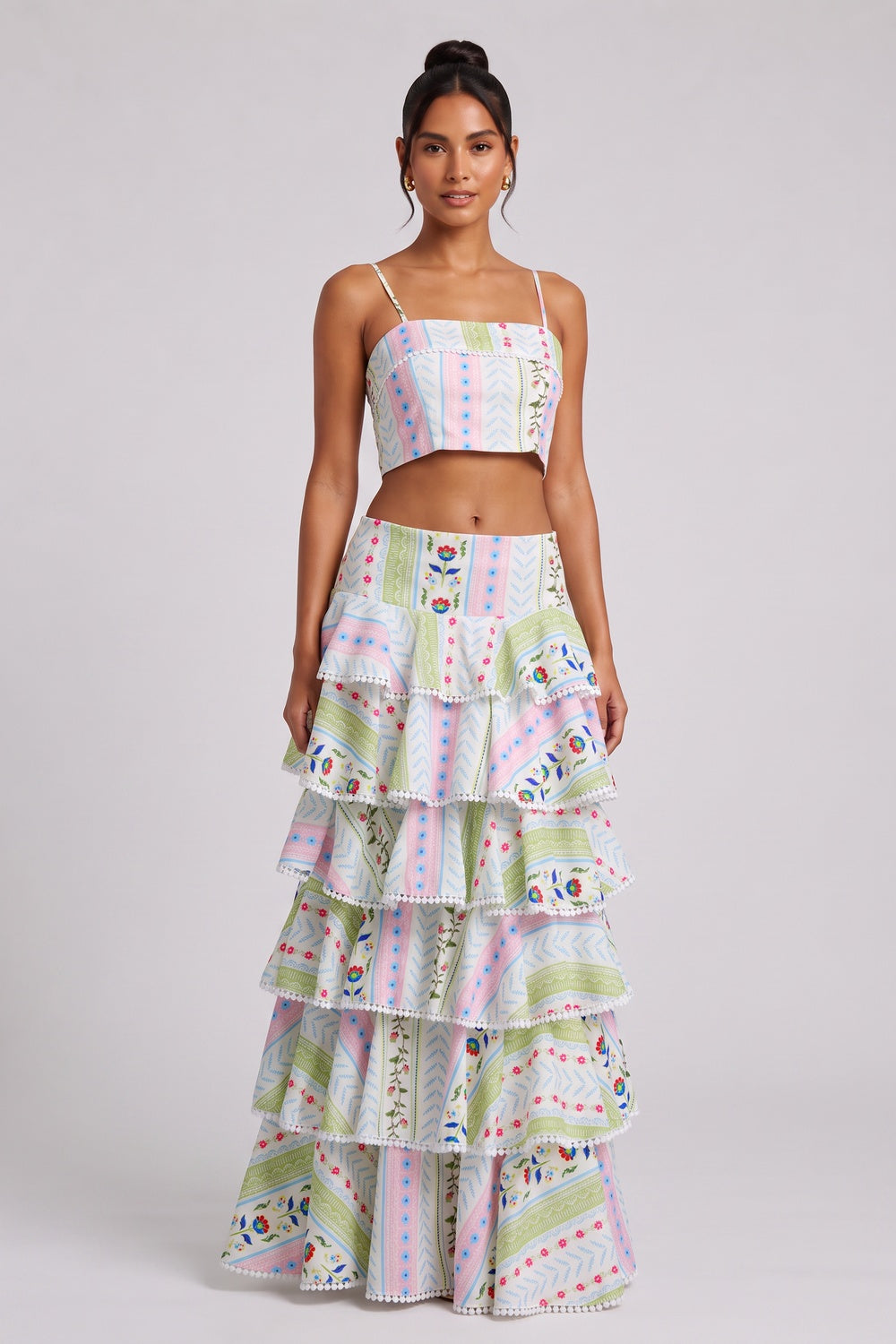 Two-Piece Set with Tiered Maxi Skirt and Pom-Pom Trim Premium Fabric - product view 5
