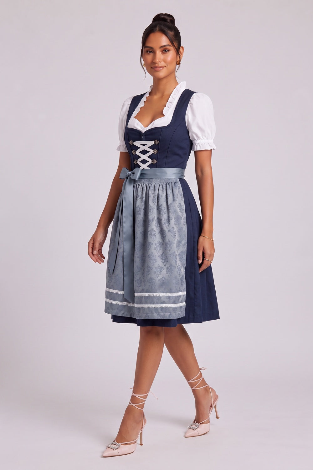 navy blue matte woven cotton-blend for bodice and skirt fit-and-flare dirndl set navy blue, white, dusty blue matte woven cotton-blend for bodice and skirt dirndl set - product view 4