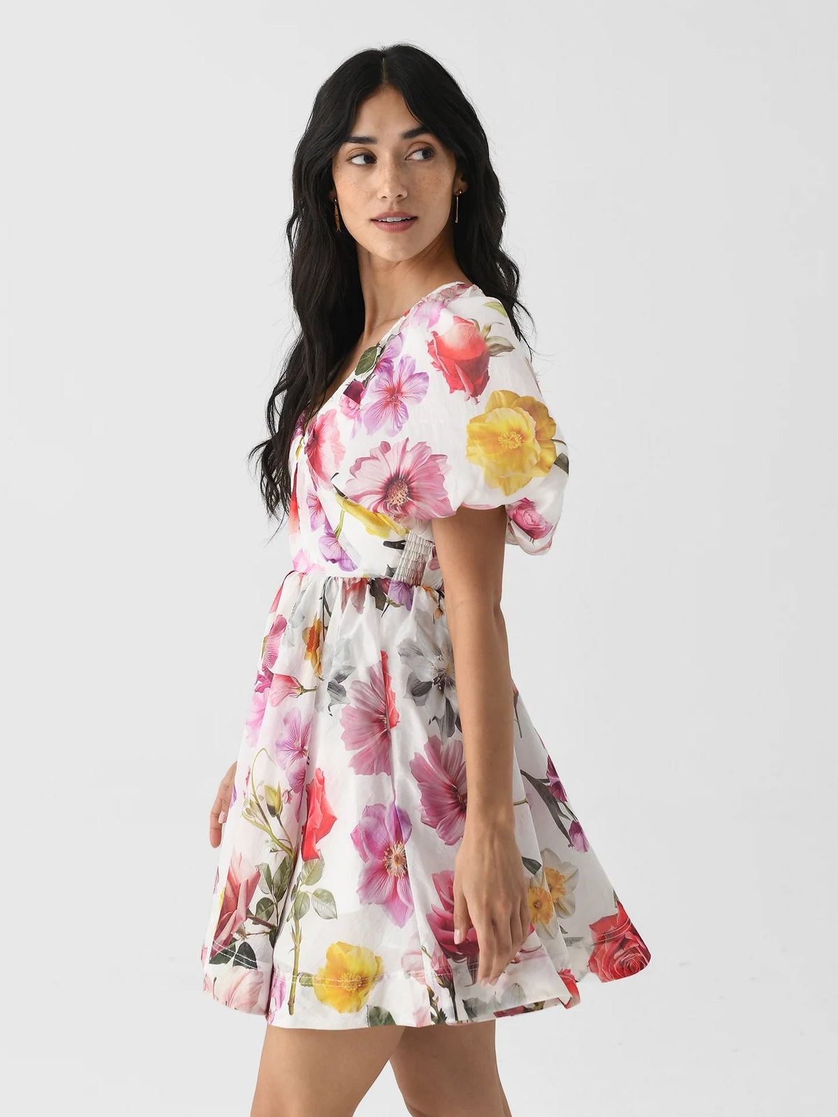 vanessa puff sleeve collage fleur mini dress