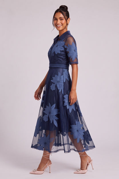 Navy Blue Sheer Organza A-Line Midi Dress with Floral Embroidery navy blue sheer organza mesh dress - product view 3
