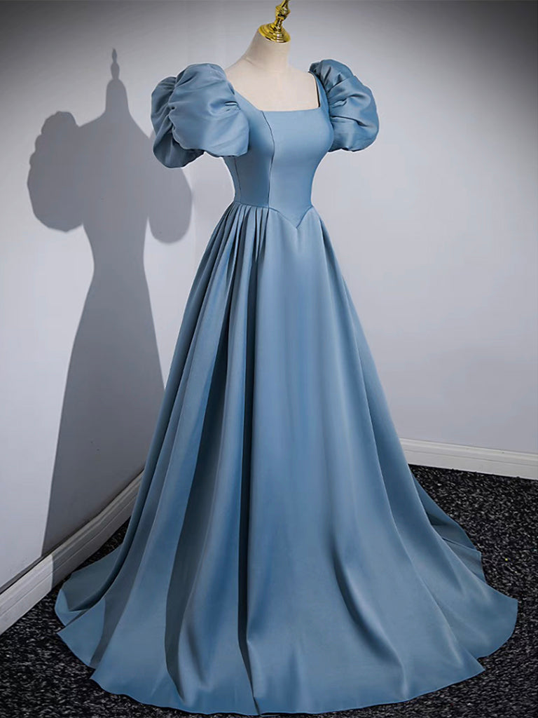 A-Line Satin Blue Long Prom Dress