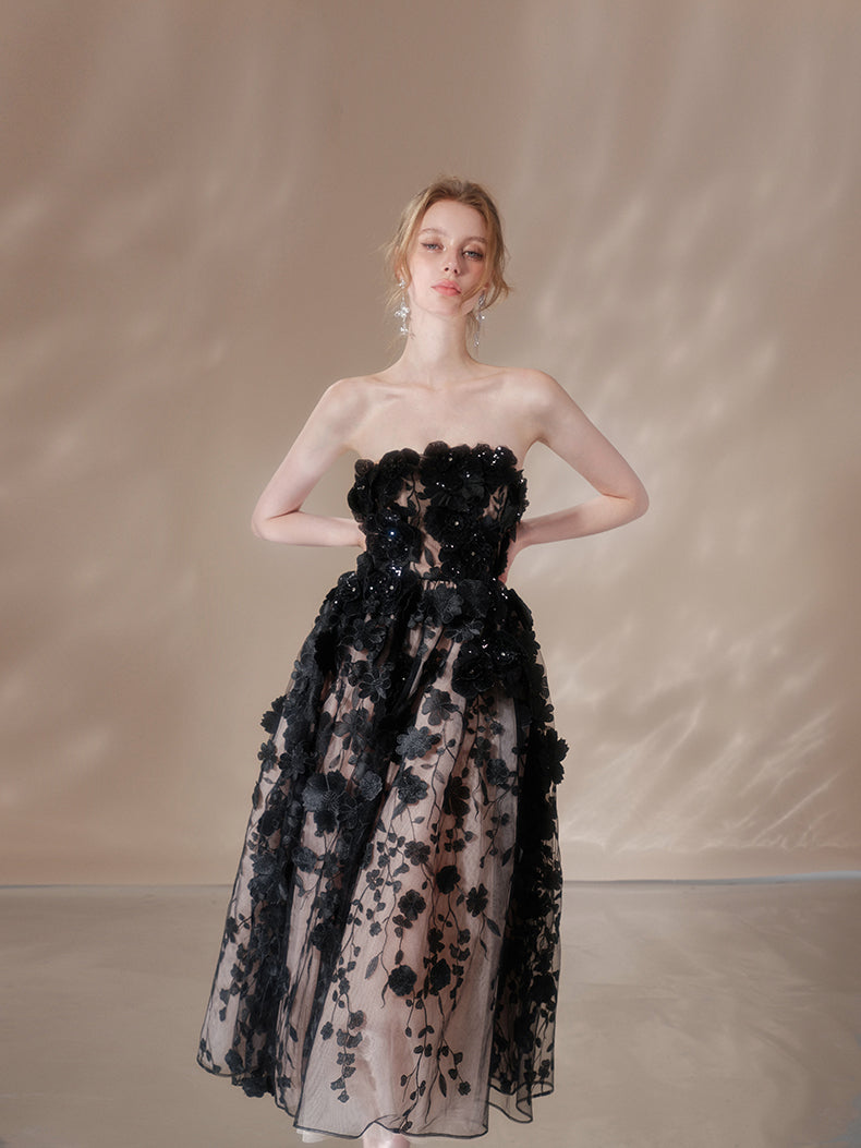 anna crystal floral embroidery midi dress in black