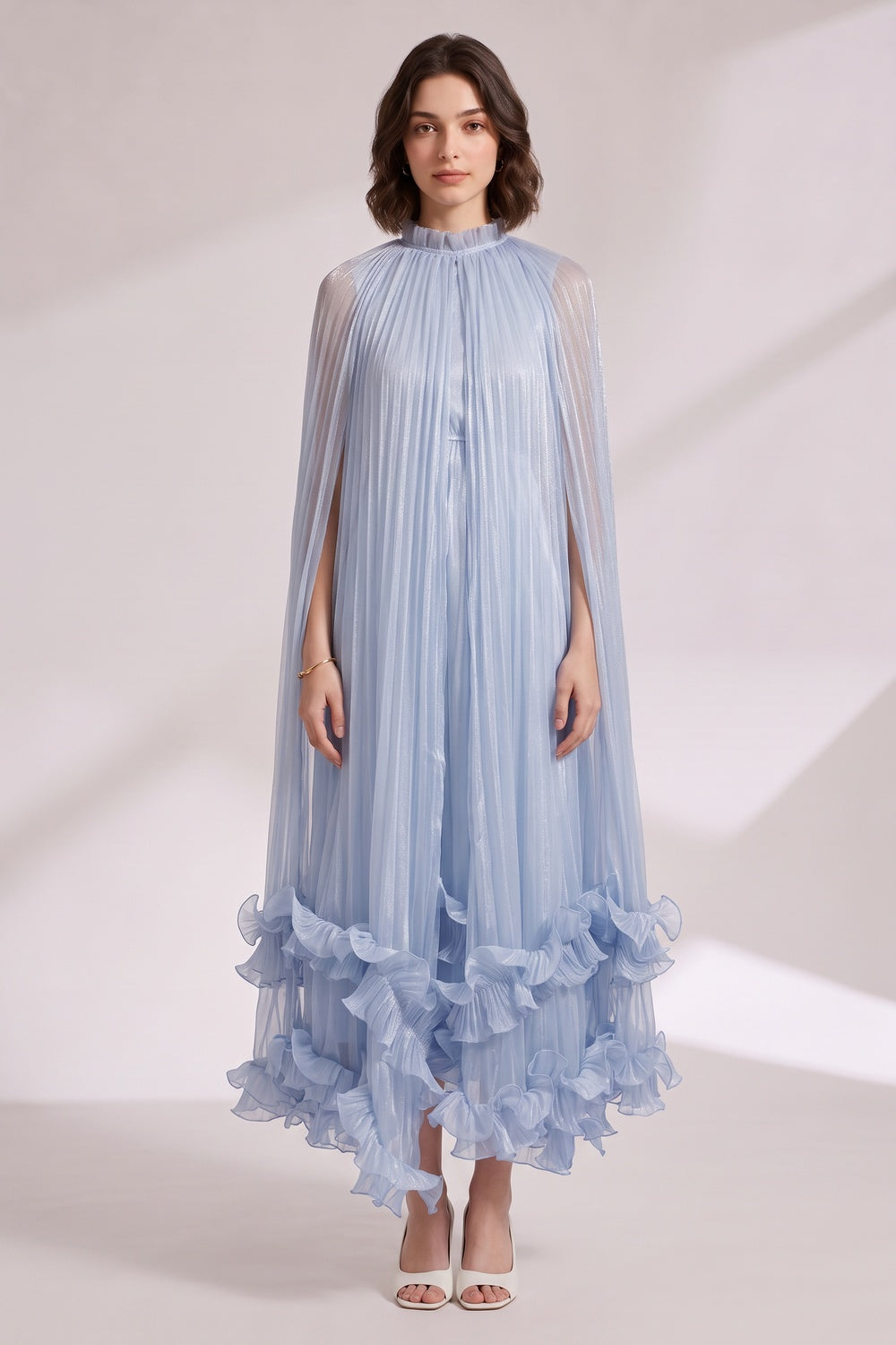 Light Blue Pleated Cape Dress with Tiered Ruffle Hem Premium Fabric - product view 3