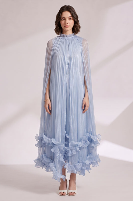 Light Blue Pleated Cape Dress with Tiered Ruffle Hem Premium Fabric - product view 3