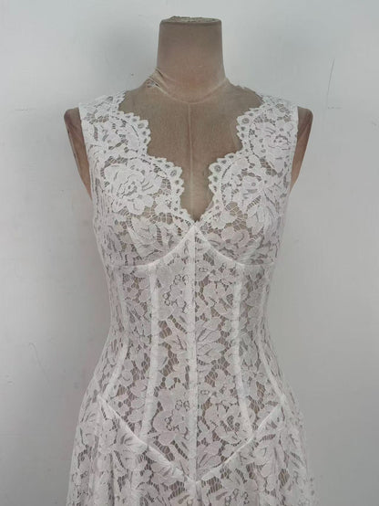 White Floral Lace A-Line Midi Dress with Keyhole Neckline