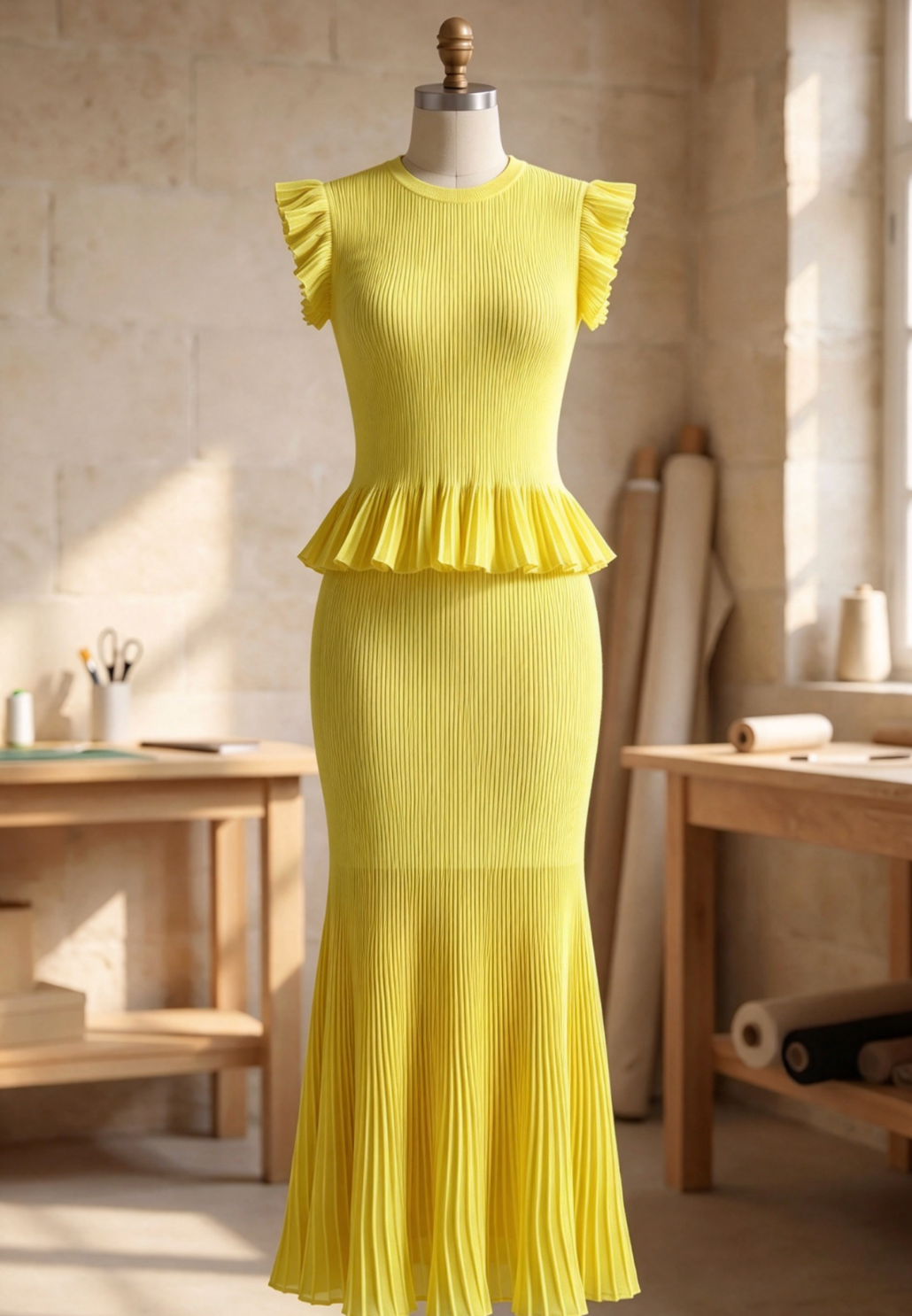 Lemon Yellow Ribbed Knit Mermaid Peplum Two-Piece Set