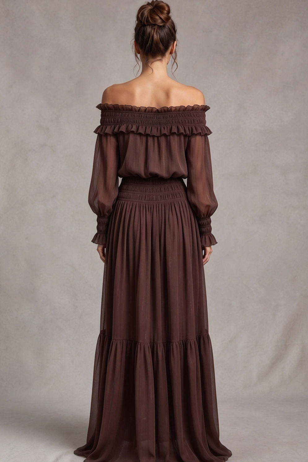 Chocolate Brown Textured Chiffon Blouson Maxi Dress with Tiered Skirt
