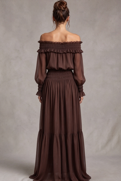 Chocolate Brown Textured Chiffon Blouson Maxi Dress with Tiered Skirt