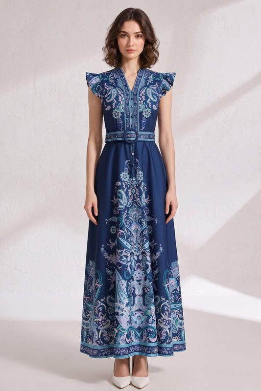 navy blue smooth woven synthetic or cotton blend fit-and-flare maxi dress navy blue smooth woven synthetic or cotton blend maxi dress - product view 1