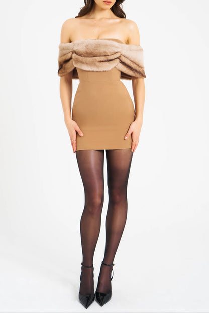 Turmeric Off Shoulder Fur Trim Mini Dress