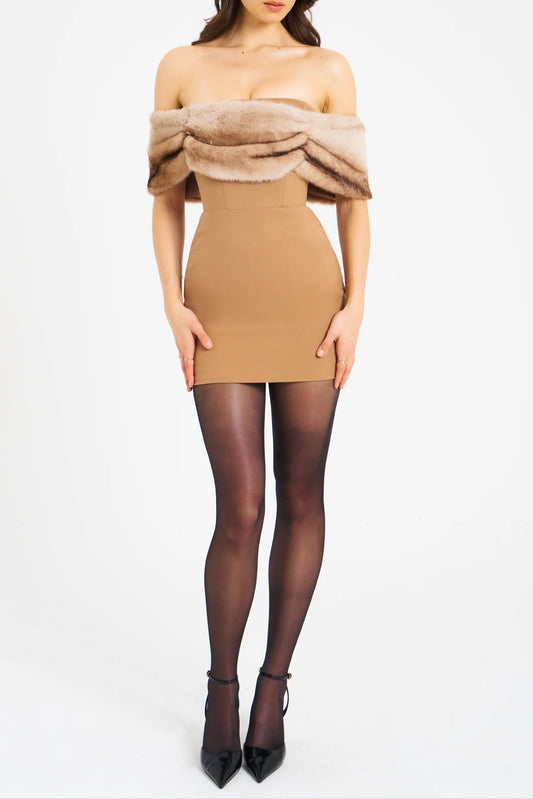 Turmeric Off Shoulder Fur Trim Mini Dress
