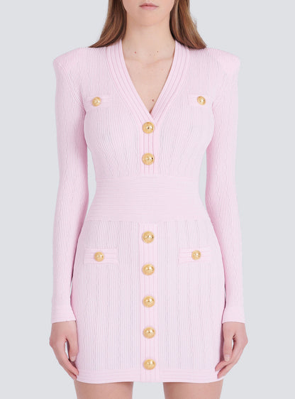vicky v-neck button-detail ribbed mini dress in pink