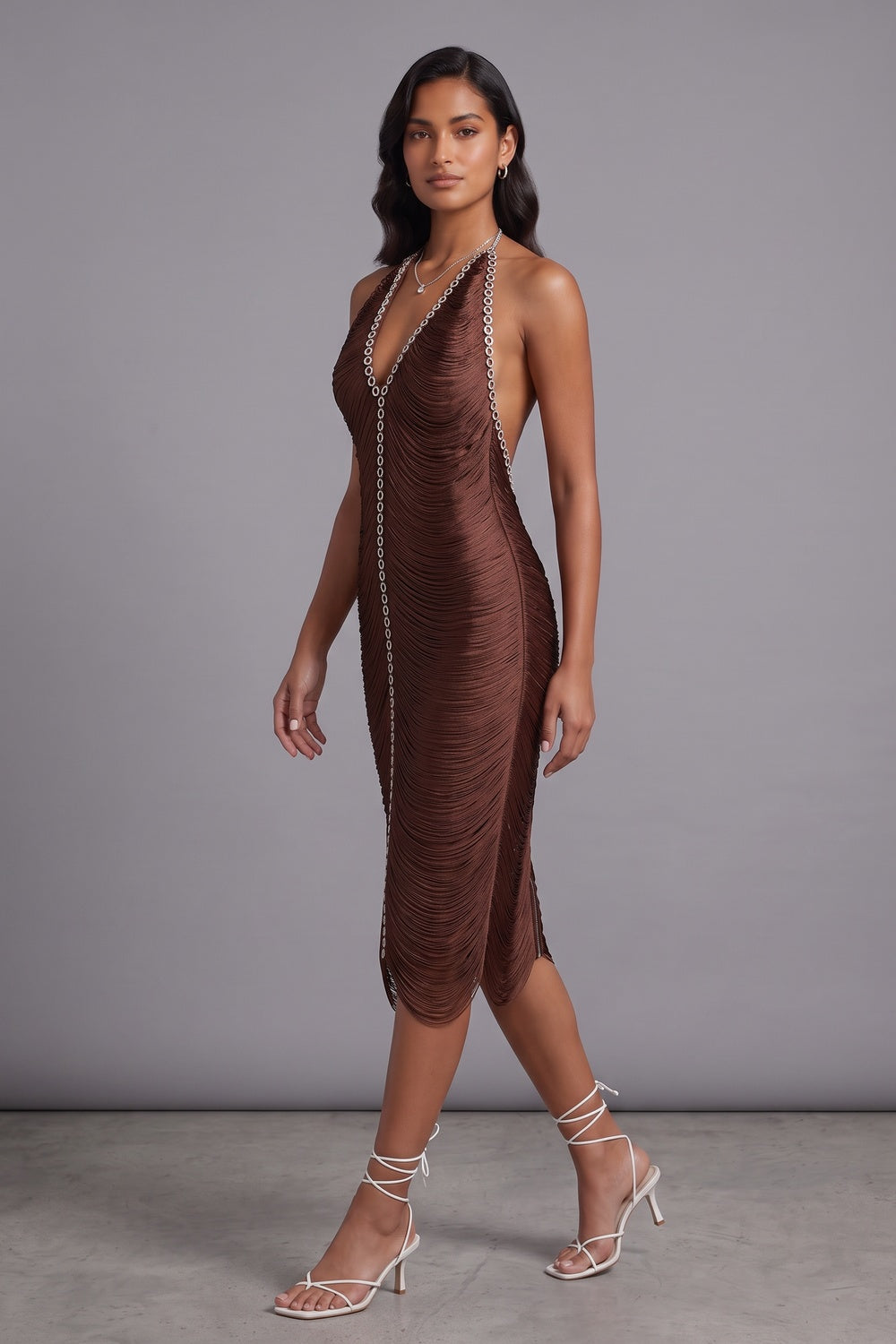 chocolate brown micro-fringe textured synthetic sheath dress chocolate brown micro-fringe textured synthetic dress - product view 2