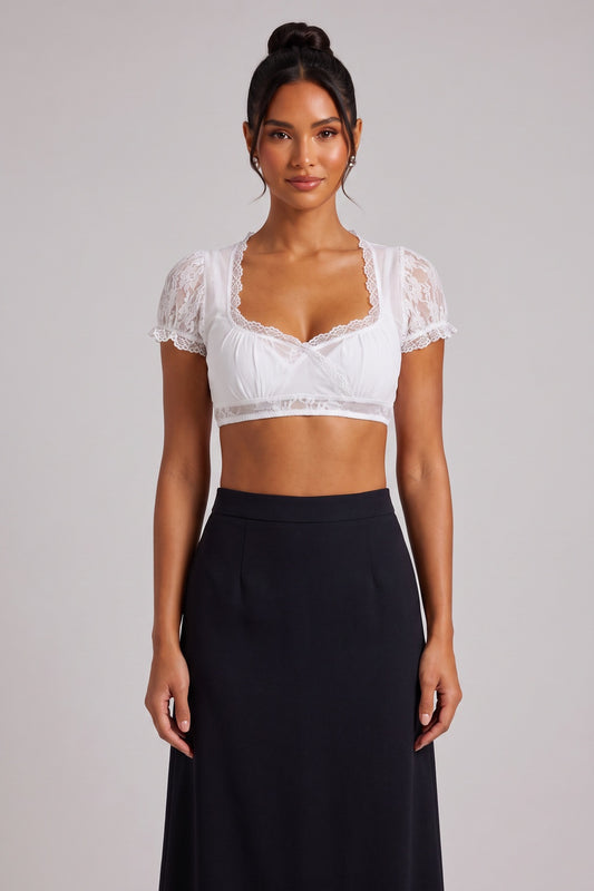 white floral lace cropped under-bust dirndl blouse white floral lace dirndl blouse - product view 1