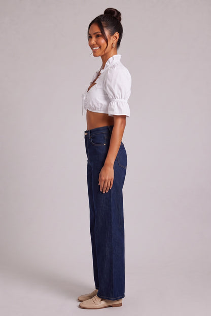 white cotton woven cropped puff-sleeve dirndl crop blouse white cotton woven dirndl crop blouse - product view 3
