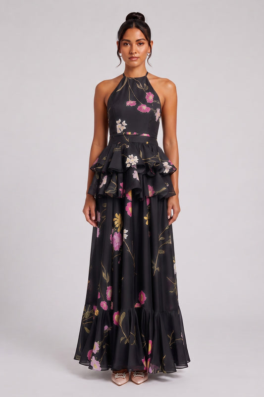 Black Chiffon A-Line Tiered Peplum Floor-Length Gown black chiffon gown - product view 1