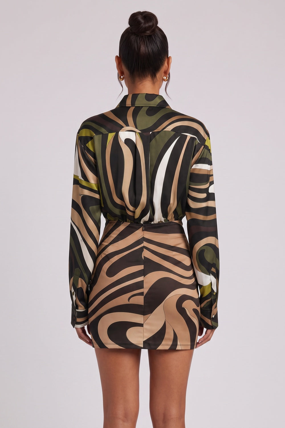 olive green satin-weave silk or synthetic blend fitted skirt with relaxed blouson bodice hybrid shirt mini dress olive green, tan, black, white satin-weave silk or synthetic blend hybrid shirt mini dress - product view 5