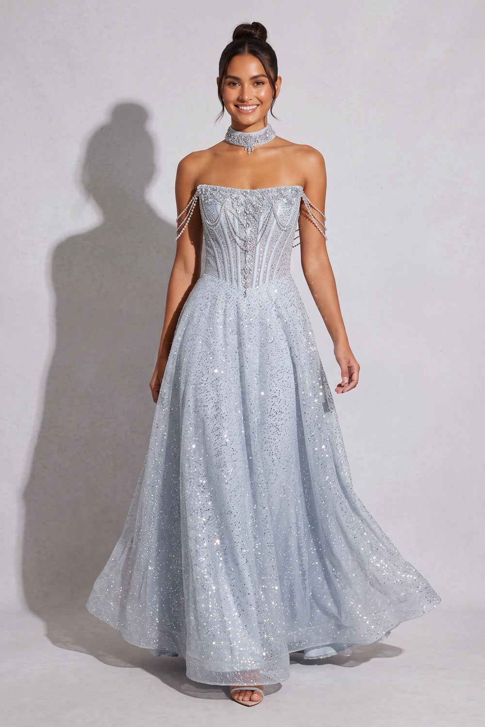 Ice blue Glitter-dusted tulle A-line Gown Ice blue, Silver Glitter-dusted tulle Gown - product view 1