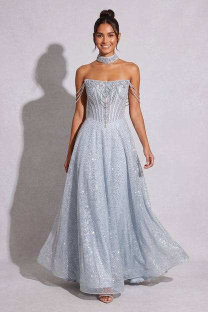 Ice blue Glitter-dusted tulle A-line Gown Ice blue, Silver Glitter-dusted tulle Gown - product view 1