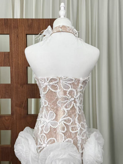 white floral lace fitted sheath with sculptural hem dress