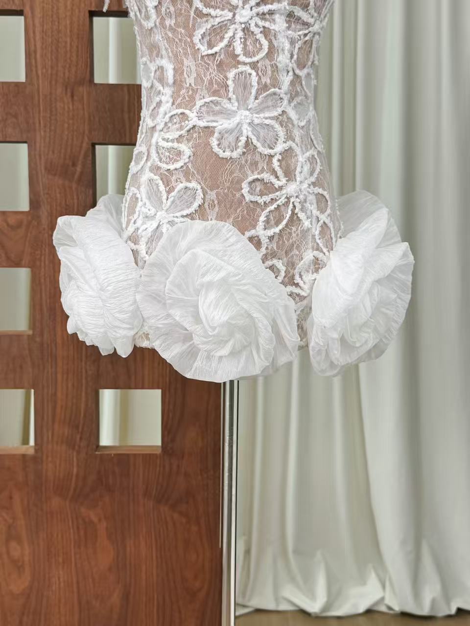 white floral lace fitted sheath with sculptural hem dress