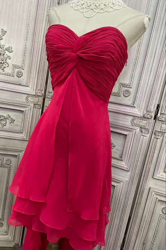 Red Strapless Chiffon High-Low Evening Dress