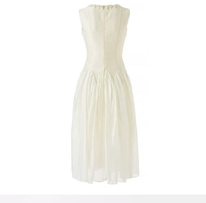 Sleeveless Midi Dress with Tulle Skirt and Pearl Embellished Collar - Ivoire