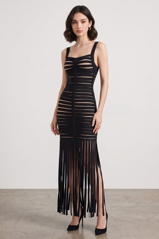 Black Bandage Knit Fringe Maxi Dress black bandage knit dress - product view 1