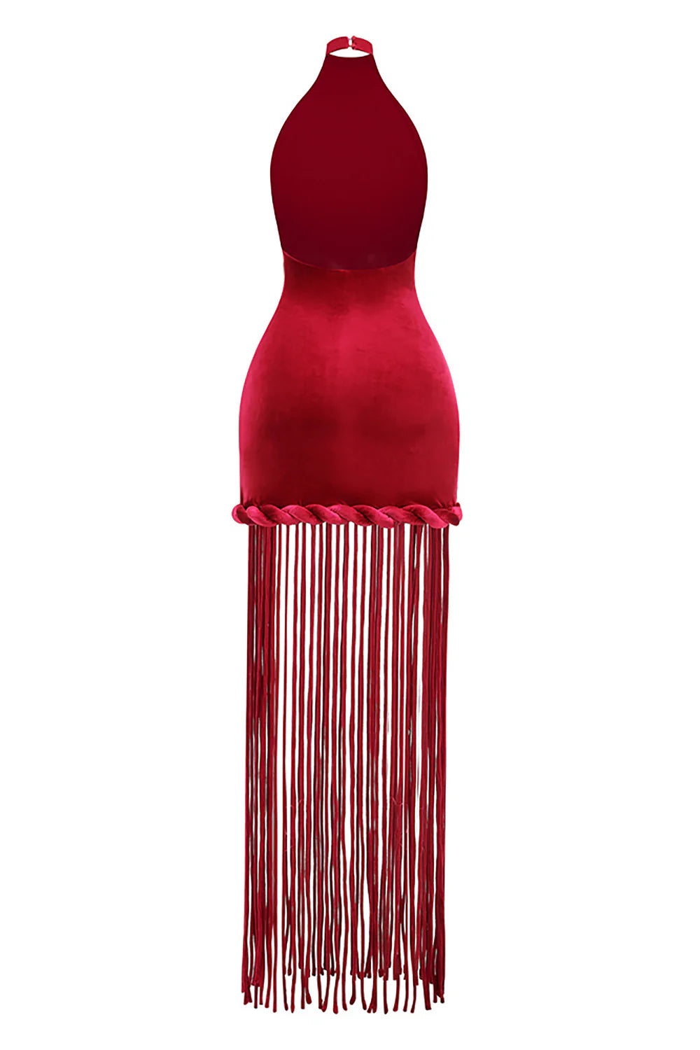 michaelia halterneck Fringe Velvet Dress in Burgundy