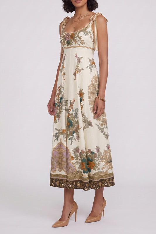 Tie Strap Vintage Floral Empire Midi Dress
