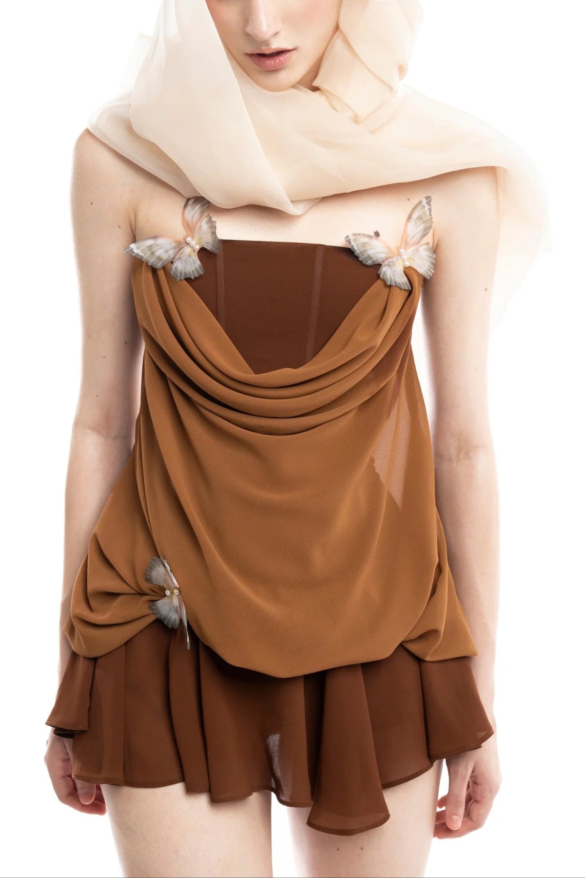 brown 3d Butterfly Fishbone Tunic Top Mini skirt Set