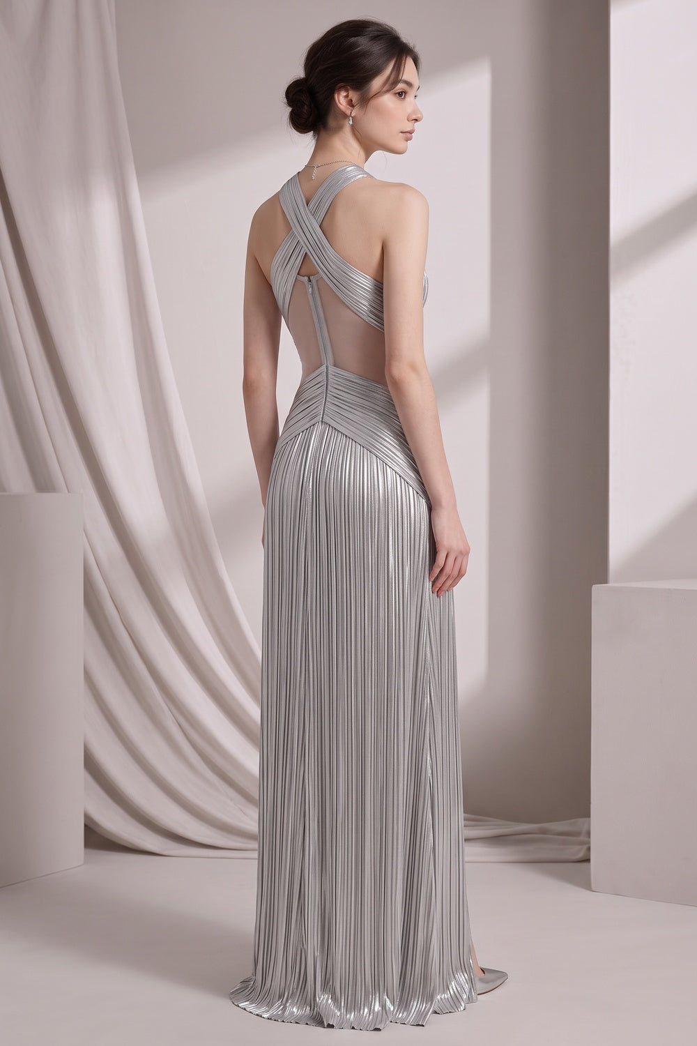 Silver Metallic Plissé Column Gown silver metallic plissé gown - product view 2