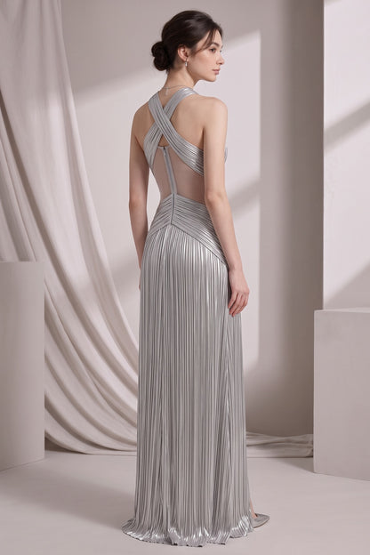 Silver Metallic Plissé Column Gown silver metallic plissé gown - product view 2
