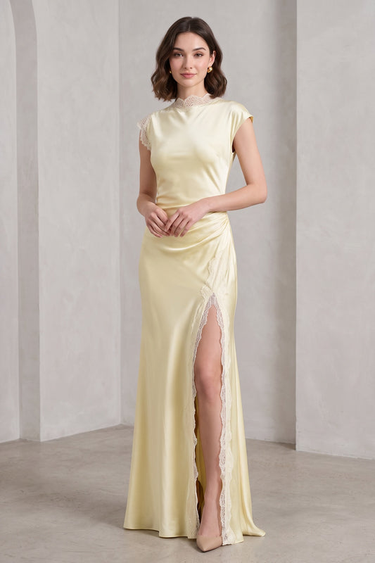 Pale Yellow Satin Column Gown with Lace Trim pale yellow satin gown - product view 1
