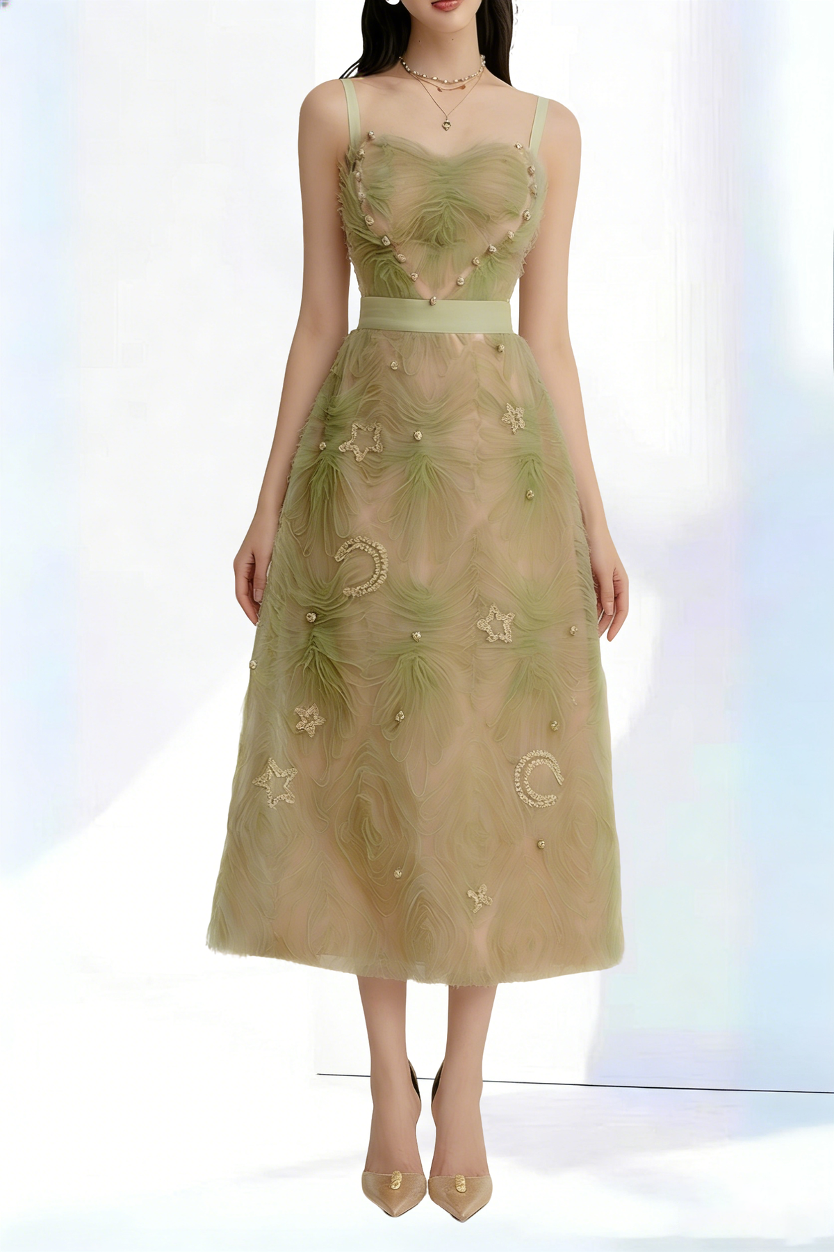 SPAGHETTI STRAPS MESH MIDI DRESS