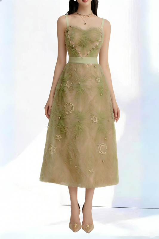 SPAGHETTI STRAPS MESH MIDI DRESS