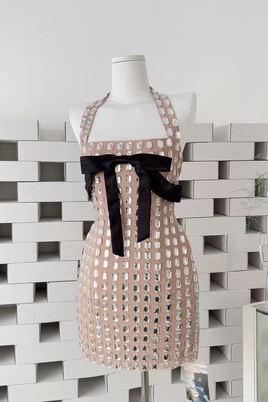 Nude Mesh Sheath Dress with Silver Metallic Tiles and Black Bow