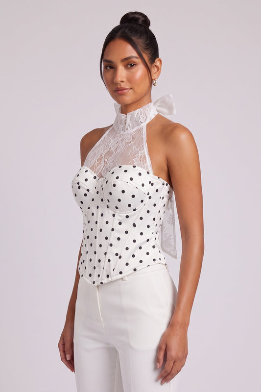 White Polka Dot Bustier Corset Top with Lace Halter white woven cotton-synthetic blend corset top - product view 2