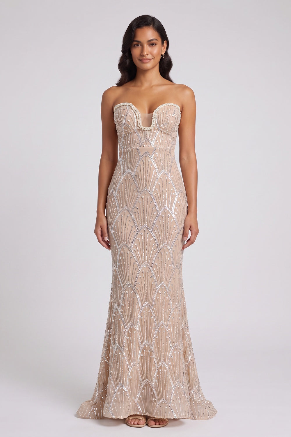 Beaded Mermaid Evening Gown – Strapless Floor-Length Gown Premium Fabric - product view 4