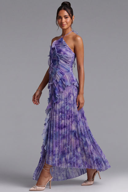 Purple Tie-Dye Pleated Chiffon A-Line Maxi Dress purple, violet pleated chiffon maxi dress - product view 4