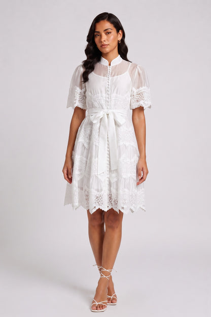 White Mandarin Collar Puff Sleeve Tiered Lace Midi Dress with Waist Sash