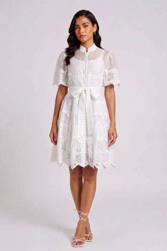 White Mandarin Collar Puff Sleeve Tiered Lace Midi Dress with Waist Sash
