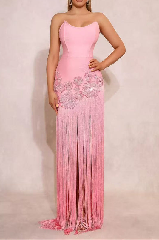 Ezgi Chic Contour Strapless Floral Fringe Bandage Maxi Dress
